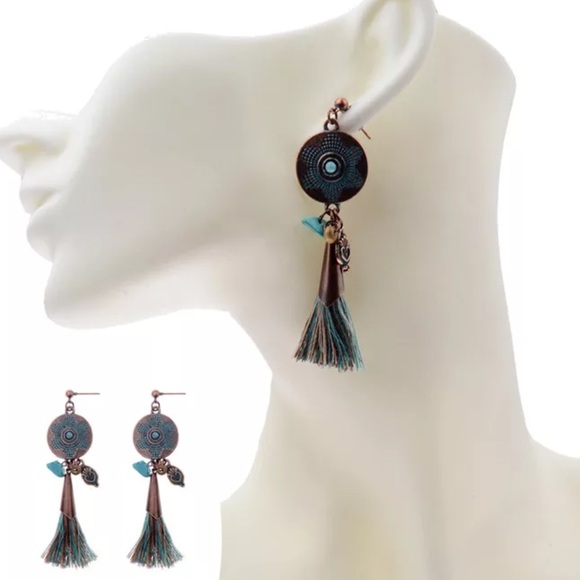 Copper Drop Ethnic Stone Tassel Earrings - Picture 5 of 8